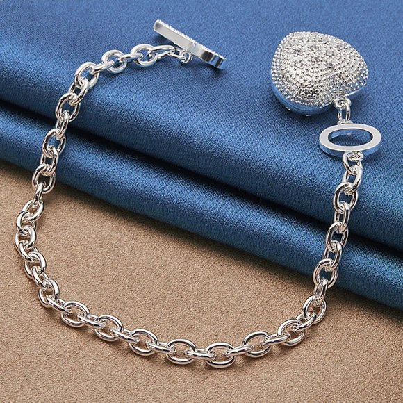 Toggle Key w/ Hollowed Heart Pendant Bracelet Stamped Solid Sterling Silver - Picture 3 of 6